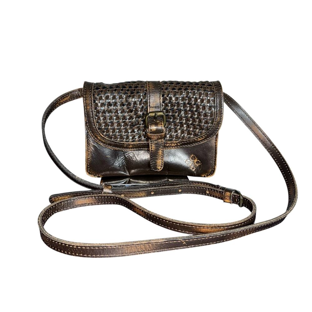 Patricia Nash Woven Leather Crossbody Bag Brown Buckle Flap Boho Vintage Style